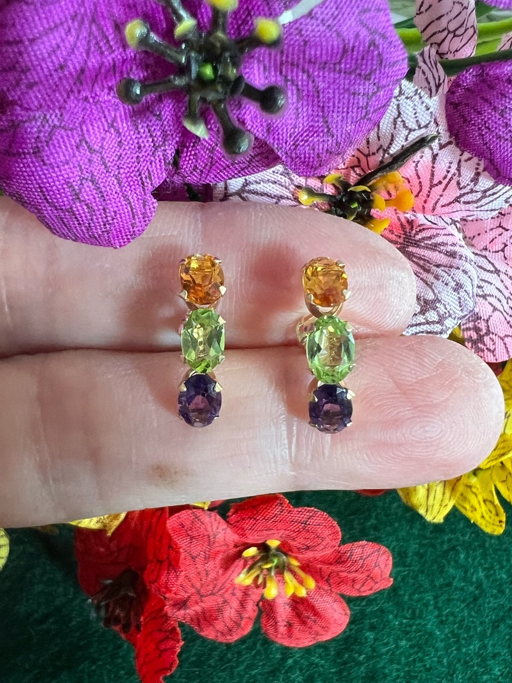 14k Solid Yellow Gold Multicolor Gemstone Earrings